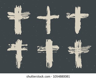 Grunge hand drawn cross symbols set. Christian crosses, religious signs icons, crucifix symbol vector illustration on chalkboard background