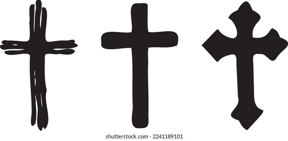 Grunge hand drawn cross symbols set. Christian crosses, religious signs icons, crucifix symbol vector illustration