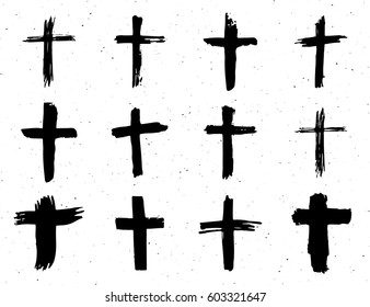 Grunge hand drawn cross symbols set. Christian crosses, religious signs icons, crucifix symbol vector illustration isolated on white background