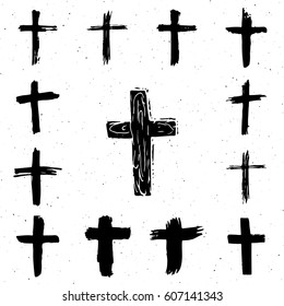 Grunge hand drawn cross symbols set. Christian crosses, religious signs icons, crucifix symbol vector illustration isolated on white background