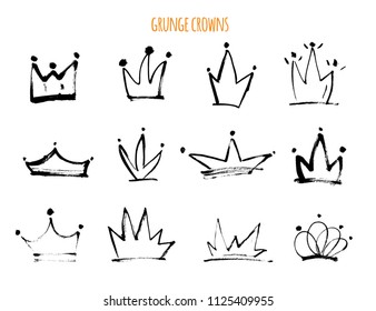 Grunge hand drawn crowns Isolated black icons. Strokke Vector illustration for modern design