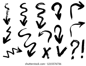 Grunge hand drawn curve vector arrows. Dry brush strokes, free hand drawing, isolated