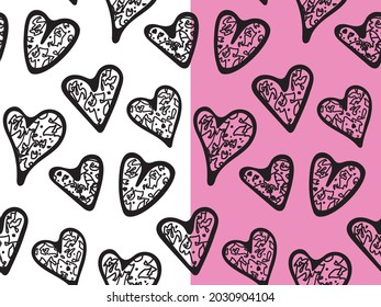 Grunge hand drawn doodle hearts seamless pattern. Abstract quirky love symbols, black ink color. Pink, white easy editable colors background. Vector illustration