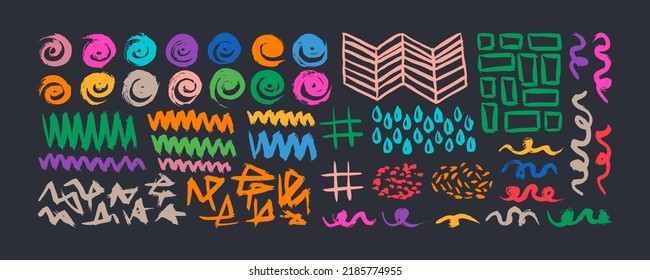 Grunge hand drawn doodle ornaments set. Big collection of abstract trendy elements and shapes for creating patterns or backgrounds.