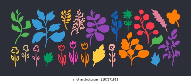 Grunge hand drawn doodle plants set. Big collection of abstract trendy floral elements and shapes for creating patterns or backgrounds. Grunge abstract flowers and palnts.