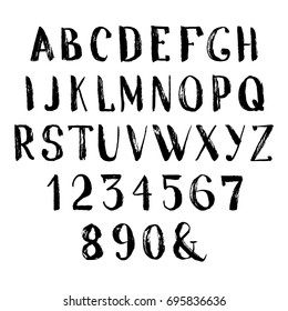 Grunge hand drawn font. Vector alphabet with numbers. Set of brush painted letters.