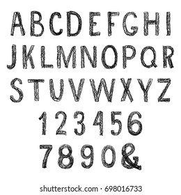 Grunge Hand Drawn Font. Vector Alphabet With Numbers. Set Of Pencil, Crayons Or Chalk Letters.