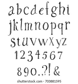 Grunge hand drawn font. Vector alphabet with numbers. Set of pencil, crayons or chalk letters.