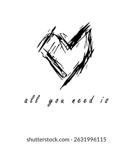 Grunge hand drawn heart symbol t-shirt print.