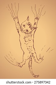 Grunge hand drawn illustration of a cute kitten scratching wall.