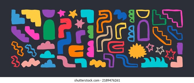 Grunge hand drawn modern doodles set. Big collection of abstract trendy elements and shapes. Grunge doodle shapes for posters, backgrounds or patterns.