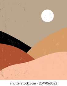 Grunge Hand Drawn Mountains View Print with Brown Sky and Sun. Abstract Modern Mountainside Vector Illustration ideal for Wall Art, Poster, Card. Landscape With Fields and Hills. The Wilds.