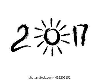 Grunge hand drawn numbers 2017. The New year sign. Abstract cartoon sun.