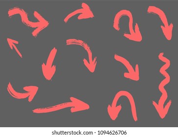 Grunge hand drawn red  vector arrows. Dry brush strokes, isolated on grey background