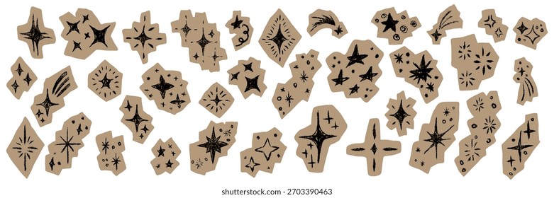 Grunge hand drawn set star and sparkle sticker. Textured doodle celestial elements with rough edges. Cutout paper scrapbook decoration in chalk trendy style. Isolated vector illustration for design