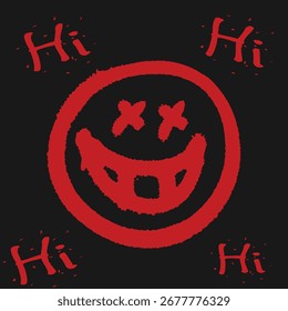  Grunge hand drawn smiling face emoticon horror smile poster.