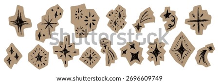 Grunge hand drawn star and sparkle sticker set. Textured doodle celestial elements with rough edges. Cutout paper scrapbook decoration in crayon modern style. Isolated vector illustration for design.