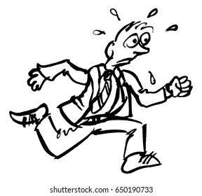 A grunge hand drawn style drawing of a running stressed sweating businessman