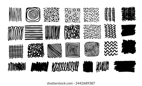 Grunge hand drawn textures set. Scribble in trendy playful childish style. Vector collection of abstract doodle sketch geometric shapes
