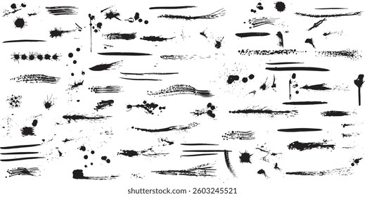 Grunge hand drawn textures vector set. Lines, circles, liquid paint, square smears