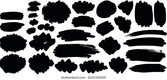 Grunge hand drawn textures vector set. Lines, circles, liquid paint, square smears, spirals, blots, brush strokes, graffiti brushstroke boxes