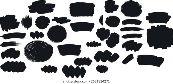 Grunge hand drawn textures vector set. Lines, circles, liquid paint, square smears, spirals, blots, brush strokes, graffiti brushstroke boxes