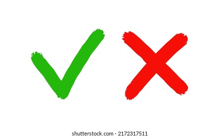 Grunge hand drawn tick check and cross mark. Brush drawn symbols OK, YES and NO, X. Tick V and cross X for check box. True and false icons. Vector illustration isolated on white background.