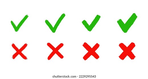 Grunge hand drawn tick check and cross mark. Brush drawn symbols OK, YES and NO, X. Tick V and cross X for check box. True and false icons. Vector illustration isolated on white background.
