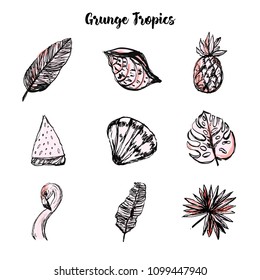 Grunge hand drawn Tropic summer set. Exotic hipster stroke background