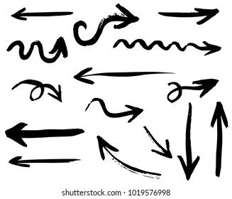 Grunge hand drawn vector arrows. Dry brush strokes