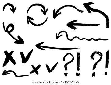 Grunge hand drawn vector arrows. Dry brush strokes,  free hand drawing, isolated