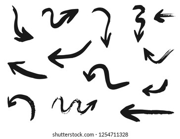 Grunge hand drawn vector arrows. Dry brush strokes, free hand drawing, isolated