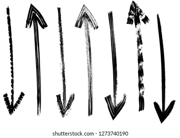 Grunge hand drawn vector arrows. Dry brush strokes, free hand drawing, isolated