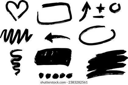 Grunge hand drawn vector arrows, heart, thought or speech balloons. Dry brush strokes elements. Doodle style. Set of frames and shapes.