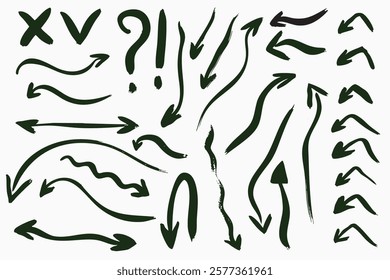 Grunge hand drawn vector arrows, freehand brush paint, isolated on white background.