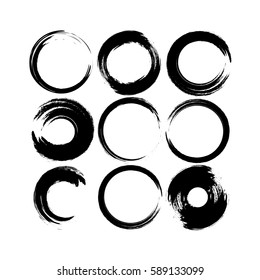 Grunge hand drawn white paintbrush circle set. Curved brush stroke vector illustration