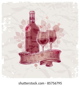 Grunge hand drawn wine bottle & glasses on vintage paper background - vector illustration