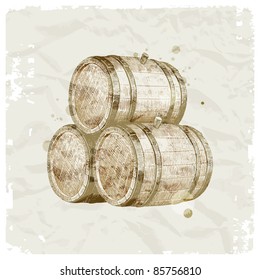 Grunge hand drawn wooden barrels on vintage paper background - vector illustration