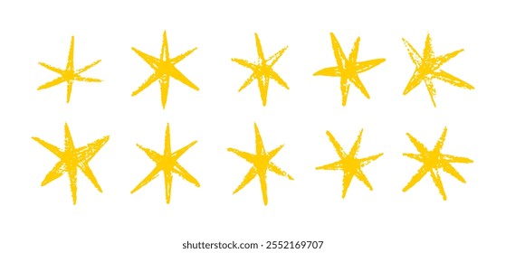 Grunge hand drawn yellow stars brush strokes and spray paint. Doodle star texture graffiti elements. Vintage ink stars. Vector illustration