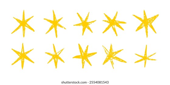 Grunge hand drawn yellow stars brush strokes and spray paint. Doodle star texture graffiti elements. Vintage ink stars. Vector illustration