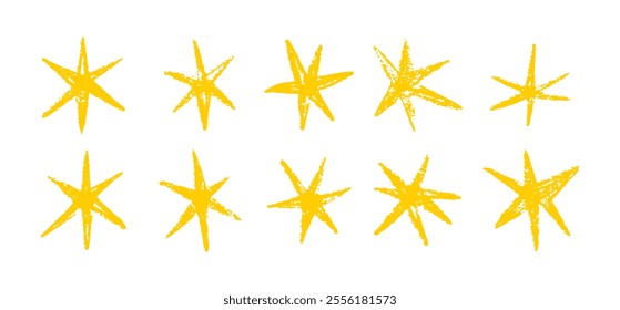 Grunge hand drawn yellow stars brush strokes and spray paint. Doodle star texture graffiti elements. Vintage ink stars. Vector illustration