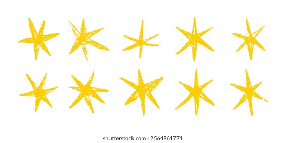 Grunge hand drawn yellow stars brush strokes and spray paint. Doodle star texture graffiti elements. Vintage ink stars. Vector illustration