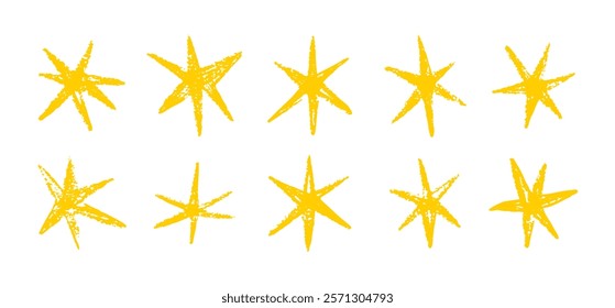 Grunge hand drawn yellow stars brush strokes and spray paint. Doodle star texture graffiti elements. Vintage ink stars. Vector illustration