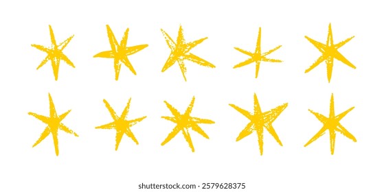 Grunge hand drawn yellow stars brush strokes and spray paint. Doodle star texture graffiti elements. Vintage ink stars. Vector illustration