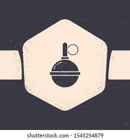 Grunge Hand grenade icon isolated on grey background. Bomb explosion. Monochrome vintage drawing. Vector Illustration