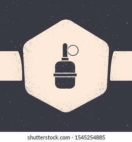 Grunge Hand grenade icon isolated on grey background. Bomb explosion. Monochrome vintage drawing. Vector Illustration