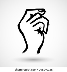 Grunge hand hold virtual business card. Isolated on white.