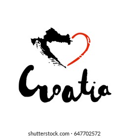 Grunge hand lettering of the European country - Croatia - with heart and vector map.  Love Croatia banner