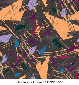 Grunge hand painted abstract pattern with bold textured triangles in colors, seamless vector.