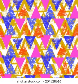 Grunge hand painted abstract pattern with bold textured triangles in bright multiple colors, seamless vector.